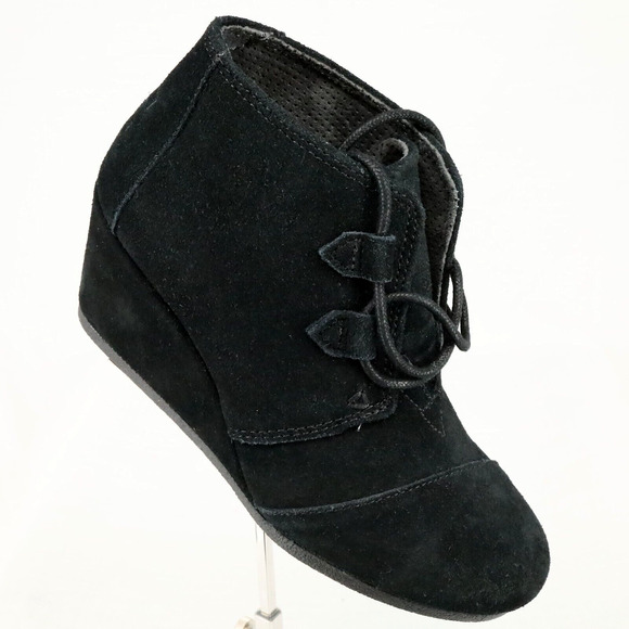 Toms Boots Womens 6.5 Kala Black Suede Leather Wedge Bootie Lace Up Shoes New - Picture 1 of 15
